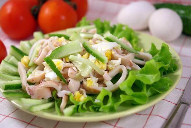 Calamari salad with eggs and cucumber on a low carb diet